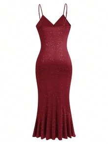 SHEIN Belle 大尺碼女性褶皺荷葉邊背心連衣裙 - 紅色 - 查看 2