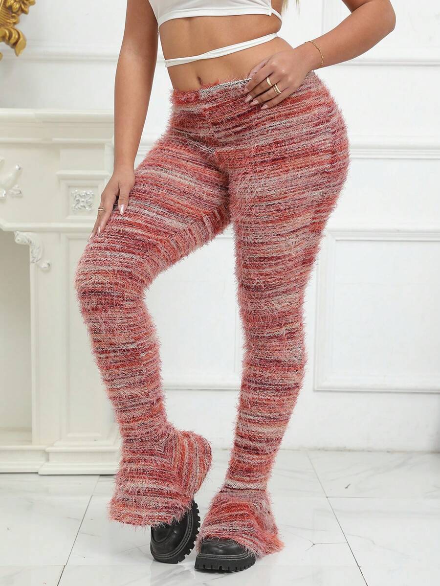 Women's Striped Fuzzy Flare Pants - Red - View 1