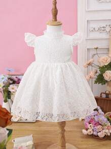 Cute Solid Color Cap Sleeve Baby Girl Dress - White - View 1