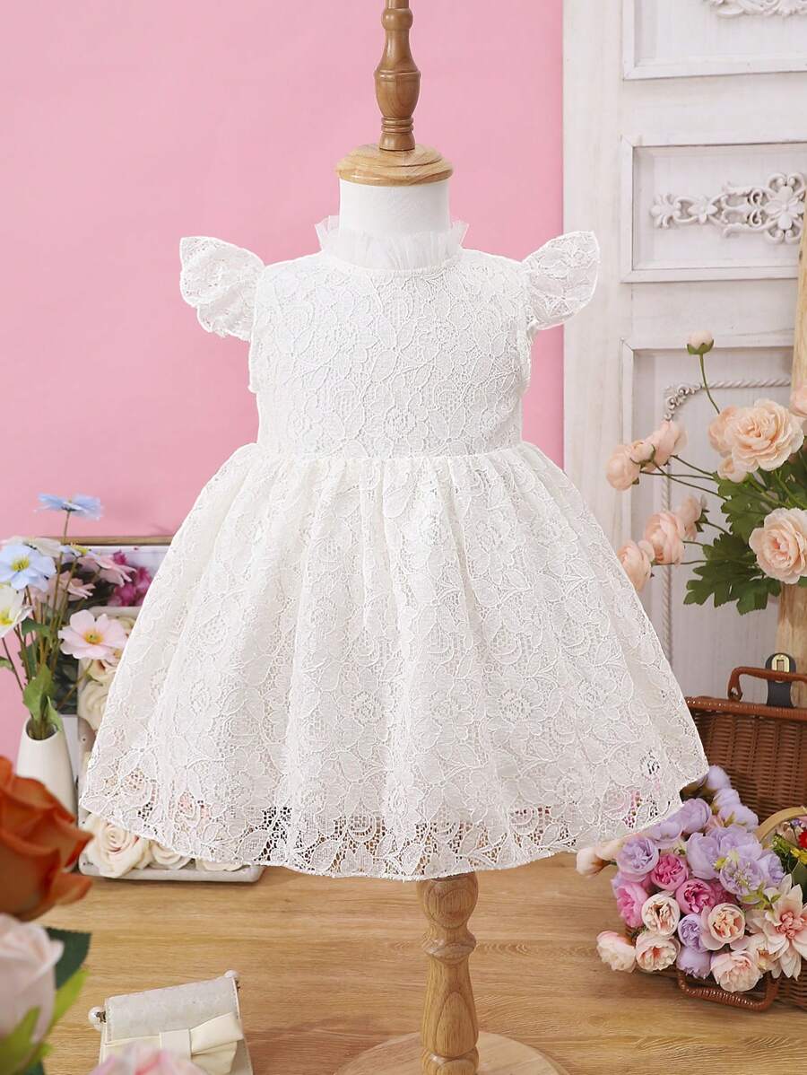 Cute Solid Color Cap Sleeve Baby Girl Dress - White - View 1