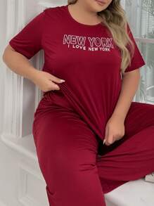 Women's Plus Size Slogan Printed Short-sleeved Trousers Pajama Set - Red - View 4