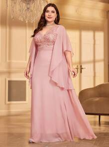 UNITHORSE 大码【非定位花】刺绣雪纺V领荷叶边下摆时尚连衣裙宴会礼服婚礼宾客礼服正式礼服晚礼服 - 粉色 - 查看 4