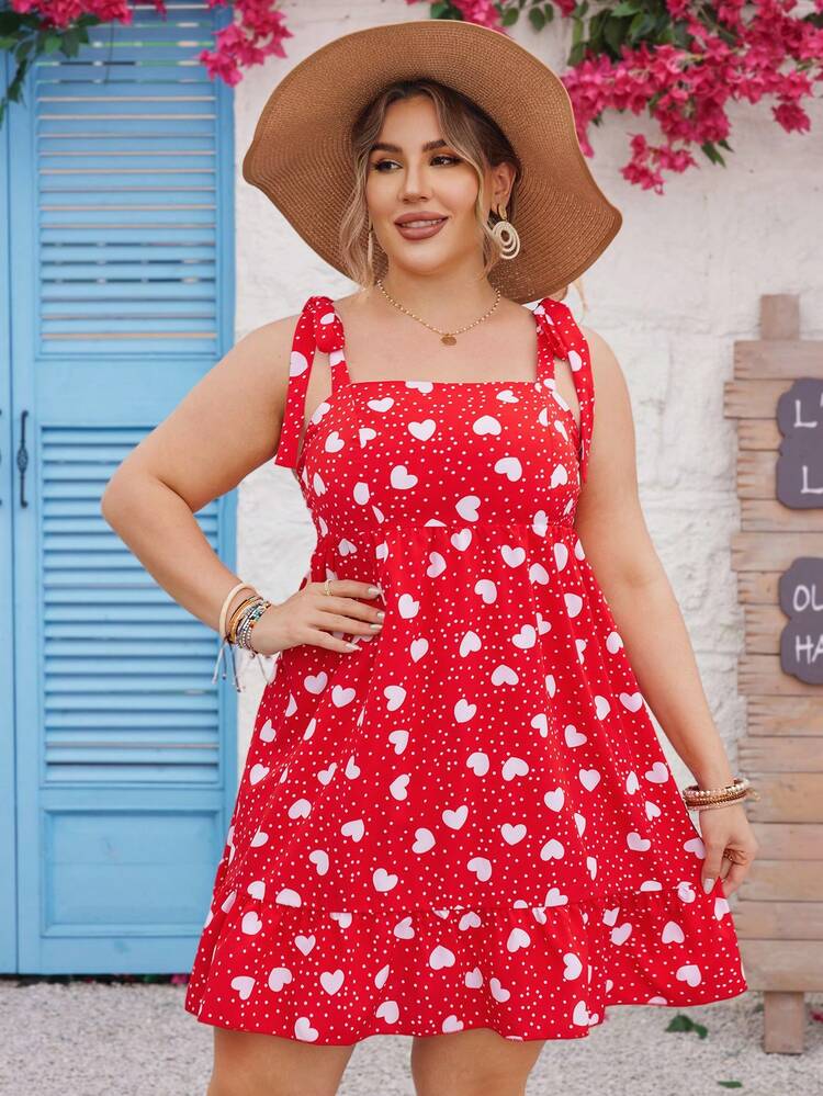 Plus Size Heart Polka Dot Printed Spaghetti Strap Tea Party Dress/Valentine's Day