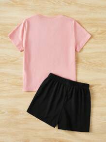 Conjunto de verano de camiseta de manga corta y shorts para niña preadolescente con impresión de inglés sencillo para uso casual - Rosa - Ver 2