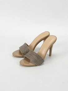 Women's Metallic Rhinestone Embellished Stiletto High Heel Khaki Color Sandals, 2025 New Arrival