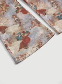 SHEIN MOD Quần ống loe denim co giãn ôm vừa vặn dành cho nữ, in tranh sơn dầu cổ điển cỡ lớn - Nhiều màu - Xem 3