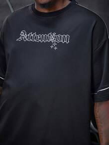 Manfinity LEGND Loose Men's Plus Contrast Piping Letter Printed Drop Shoulder T-Shirt And Shorts Two-Piece Set - Black - View 3