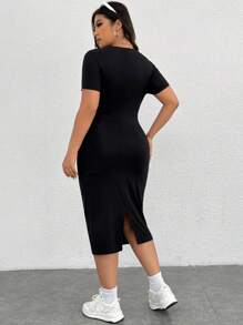 SHEIN EZwear Grote maten Vrouwen Zwart Gebreid Fitting Korte mouwen Jurken