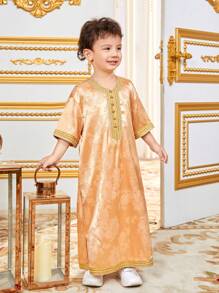 SHEIN 男孩鬆身休閒提花圓領長袖襯衫 - 金色 - 查看 3