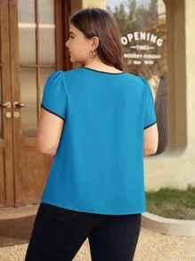 SHEIN Clasi 大尺碼女士鑽石領瓣墊短袖上衣 - 薄荷藍 - 查看 2