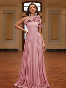 SHEIN Belle Váy dạ hội cho quý cô dự tiệc tối, thiết kế xếp ly một bên vai, váy dự tiệc cưới trang nhã đính hoa 3D thủ công, dự tiệc tốt nghiệp, tiệc tối - Bụi hồng - Xem 7