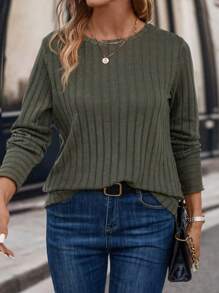 SHEIN LUNE Plus Size Women's Round Neck Long Sleeve Ribbed T-Shirt - Army Green - View 1