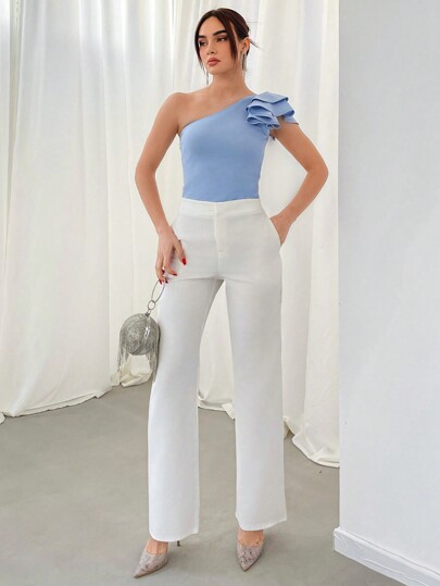 Aloruh One Shoulder Ruffle Sleeve T-Shirt