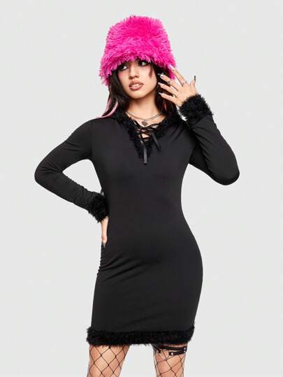 Kawaii Women'S Hooded Dress With Tie-Belt And Patchwork