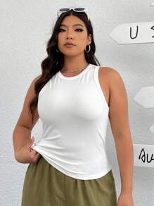SHEIN EZwear Solid Color Knitted High-Elasticity Plus Size Women'S Tank Top