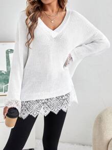 SHEIN LUNE Lace Trimmed V-Neck Long Sleeve Sweater With Lace Hem