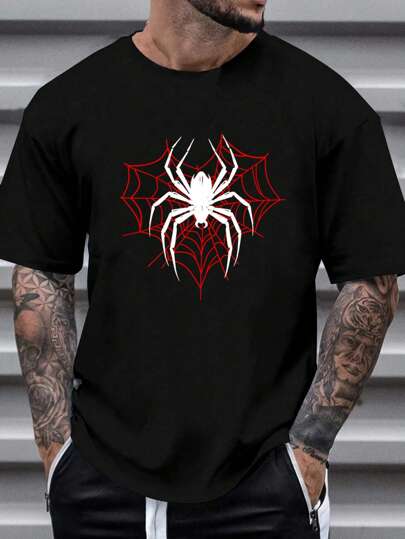 Manfinity LEGND Camiseta de manga corta con cuello redondo y gráfico de araña, de punto negra para hombre, para salir