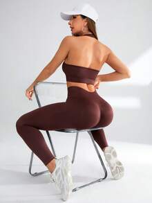 Yoga Basic 女性純色露背背心和打底褲運動套裝 - 咖啡棕 - 查看 5