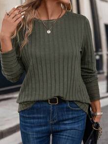 SHEIN LUNE Plus Size Women's Round Neck Long Sleeve Ribbed T-Shirt - Army Green - View 4