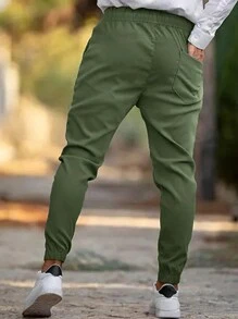 Manfinity Homme 男士绿色带口袋慢跑裤，纯色橄榄绿色长款抽绳休闲裤，适合丈夫、男朋友的礼物，男士橄榄绿色慢跑裤，男士绿色裤子，男士慢跑裤 - 軍綠色 - 查看 2