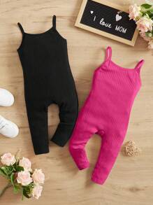 SHEIN 2pcs Baby Girl Casual Ribbed Knit Strap Jumpsuit Set - Multicolor - View 1