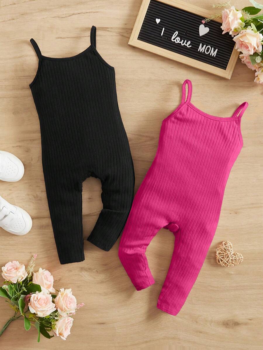 SHEIN 2pcs Baby Girl Casual Ribbed Knit Strap Jumpsuit Set - Multicolor - View 1