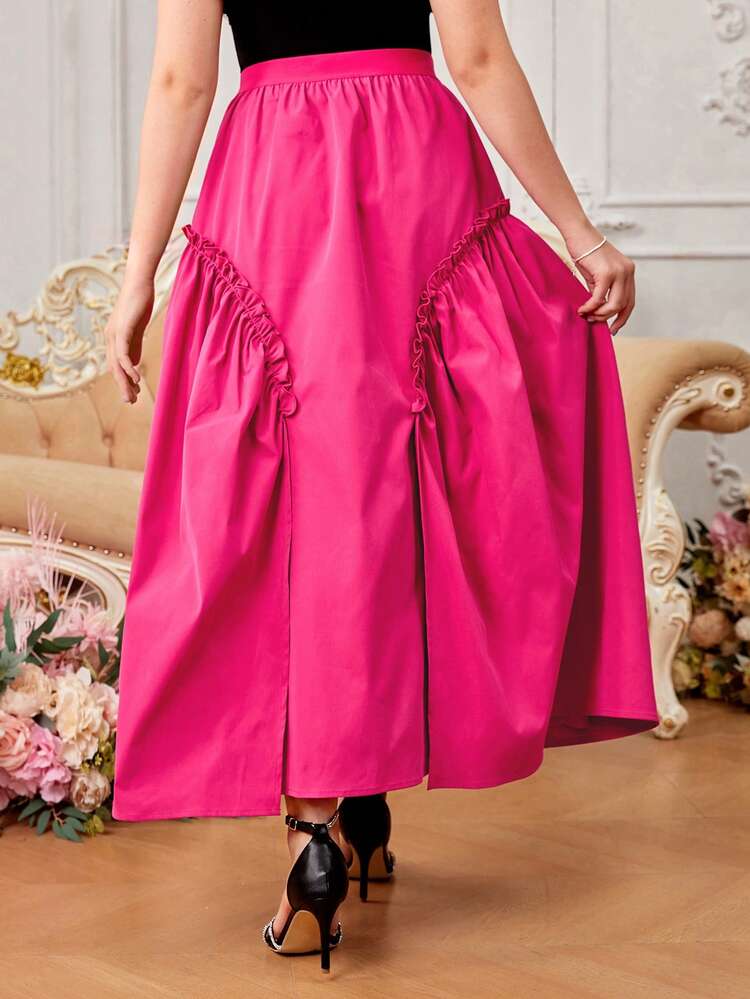 Teen Girls' Solid Color Elastic High Waist Asymmetrical Ruffle Hem Skirt