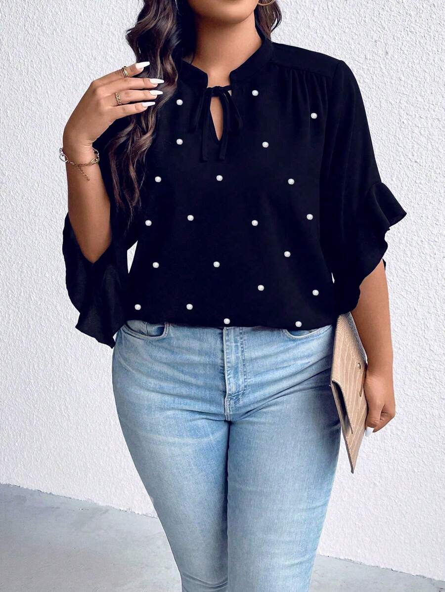 大尺碼女性系帶領結珍珠裝飾襯衫 - 藏蓝色 - 查看 1