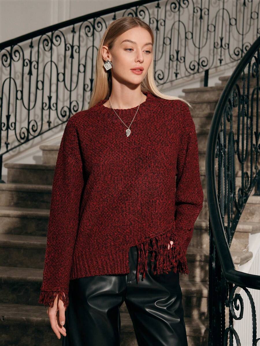 Anewsta 女士高领流苏针织套头衫秋冬毛衣 - 紅色 - 查看 1