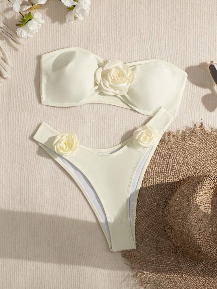 Summer Women's Solid Color Strapless Bikini Set With 3d Flower Decoration Wedding