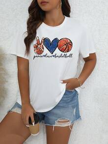 SHEIN EZwear Kích thước lớn Động tác Tim Bóng rổ Lá thư In Áo thun - trắng - Xem 3