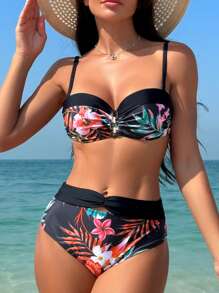SHEIN Swim Women's Tropical Plant Printed Bikini Set With Push Up, Underwire Carnival Summer Beach