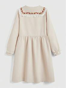 ROMWE J-Fashion Váy suông tay bồng dáng rộng cho nữ có cổ Peter Pan, thêu và ren chắp vá, phong cách Mori Girl - Màu be - Xem 2