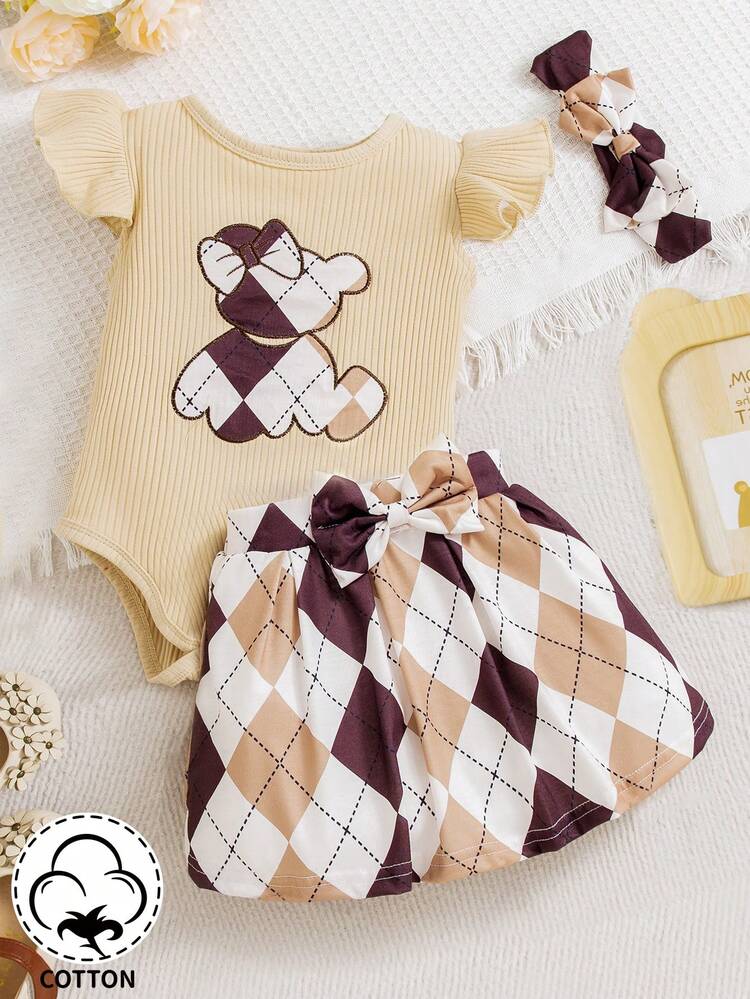 Baby Girl Cartoon Plaid Print Bodysuit With Flounce Sleeve And Skirt Set