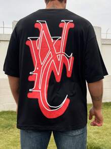 Manfinity Homme Men's Plus Size Loose Fit Letter Print Round Neck T-Shirt - Black - View 3