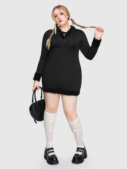 Kawaii Plus Size Women's Hooded Patchwork Frayed Hem Dress