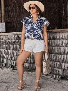 SHEIN VCAY 大码波西米亚风花卉印花缺口领夏季衬衫 - 藍白色 - 查看 5