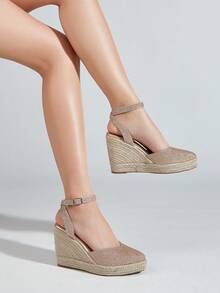 Women's Rose Gold Metallic Glitter Surface Woven Jute Bottom Hollow Out Wedge & Platform Sandals - Rose Gold - View 2