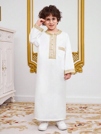 SHEIN Young Boy Fancy Collar & Cuffs Long Sleeved Long Robe With Gold Braided Belt And Front Closure, Suitable For Spring, Summer And Autumn, Perfect For Formal Occasions, Wearing Classy,Holiday,Summer,Travel