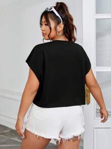 SHEIN EZwear Camiseta de manga corta de verano para mujer de talla grande con gráfico de águila y letra - Negro - Ver 2