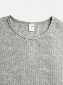 SHEIN 實色肋紋圓領長袖t卹適用於少女 - 灰色 - 查看 4