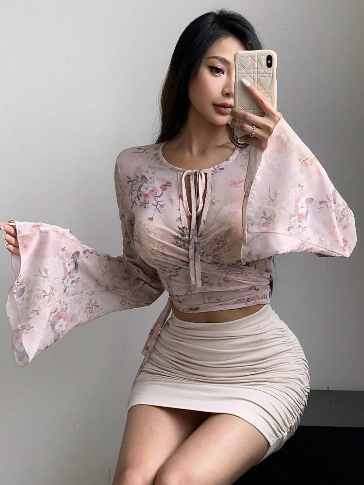 Women'S Floral Print Flare Sleeve Shirt With Tie,Fall Clothes Long Sleeve Top Graphic Tee