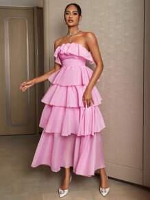 SHEIN Belle Của phụ nữ Ruffle Tối Váy ống Đối với Tiệc cốc tai - Hồng - Xem 5