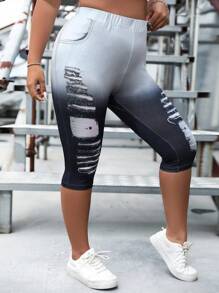 SHEIN LUNE Plus Ombre & Denim-Effect Print Ripped Leggings - Multicolor - View 4