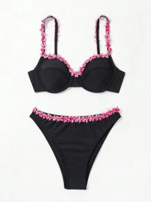 SHEIN Swim Summer Beach Floral Embroidery Patchwork Bikini Set