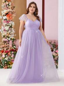 SHEIN Belle Váy dạ hội thanh lịch cổ chữ V sâu, màu tím nhạt, ánh vàng và bạc, nhiều lớp lưới xếp nếp cỡ lớn cho nữ, váy phù dâu, váy cưới, váy tốt nghiệp, váy dạ hội, váy dự tiệc, dự tiệc tối - Màu tím hoa cà - Xem 5