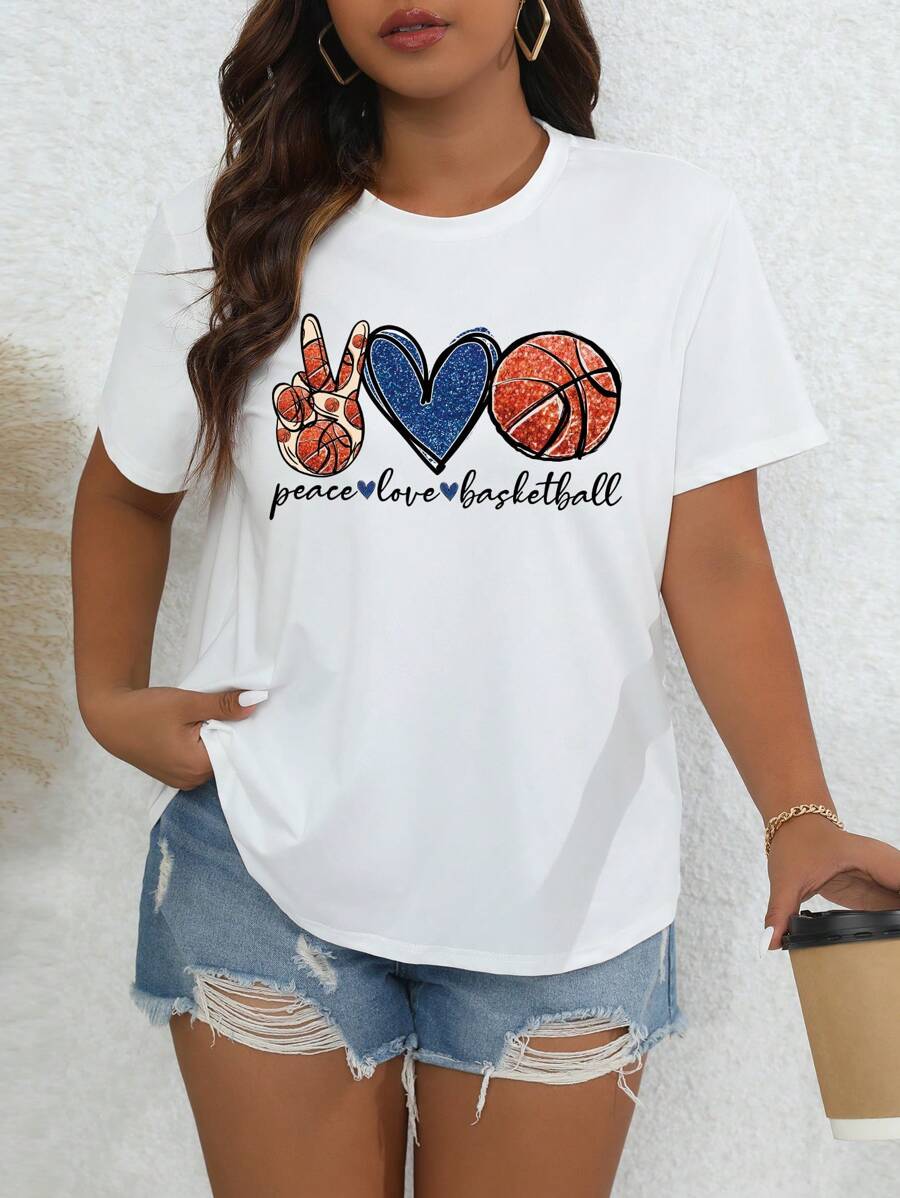 SHEIN EZwear Kích thước lớn Động tác Tim Bóng rổ Lá thư In Áo thun - trắng - Xem 1