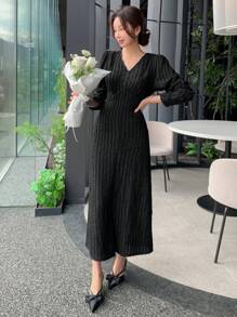 DAZY Ladies' Solid Color Jacquard Side Slit Dress,Fall Dress Long Sleeve Dress - Black - View 6