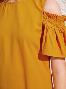 Vestido De Corte Imperio Para Niñas Jóvenes Con Hombros Descubiertos Y Ribete Con Volantes De Un Solo Color - Amarillo - Ver 4