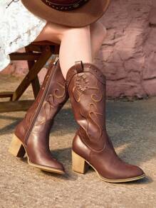 Styleloop Women's Fashionable Vintage Comfortable Chunky Heel Knee High Boots, Cowboy Boots For Women